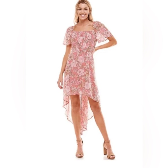 Womens As U Wish Pink Floral Ruched Chiffon Playful  High Low Dress - Sz L EUC - Picture 5 of 6